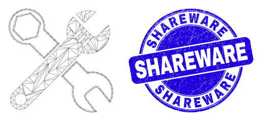 Web mesh wrenches icon and Shareware seal. Blue vector round textured seal with Shareware phrase. Abstract carcass mesh polygonal model created from wrenches icon.