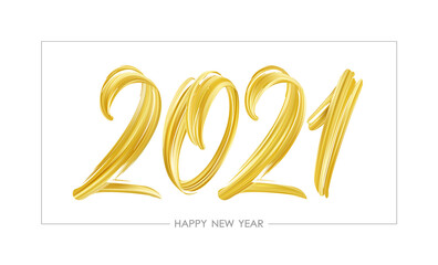 Hand drawn brush stroke golden color paint lettering of 2021. Happy New Year