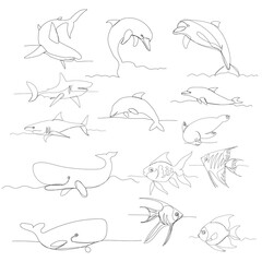 vector, isolated, fish continuous line drawing set
