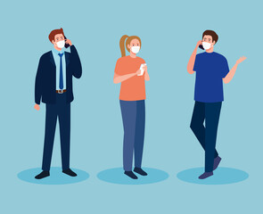 Obraz premium group people wearing medical mask against covid 19 using smartphone, social media coronavirus concept vector illustration design