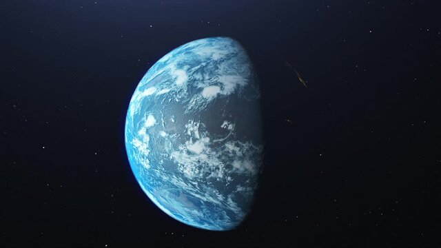 15000 km above the Earth. View of the planet from the other side. Space exploration. Day to night. Energy supply and energy consumption of the planet