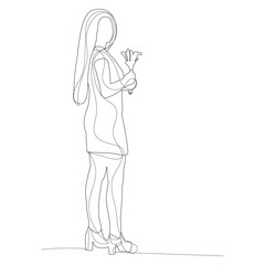vector, on a white background, line drawing of a girl with flowers