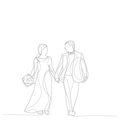 Fototapeta na wymiar white background, line drawing of the bride and groom, wedding