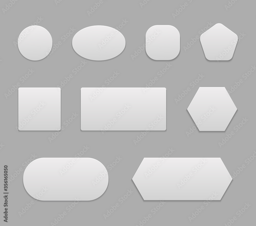 Poster white sguare button for web. blank 3d tags, plastic badge for design menu. rectangular and round pap