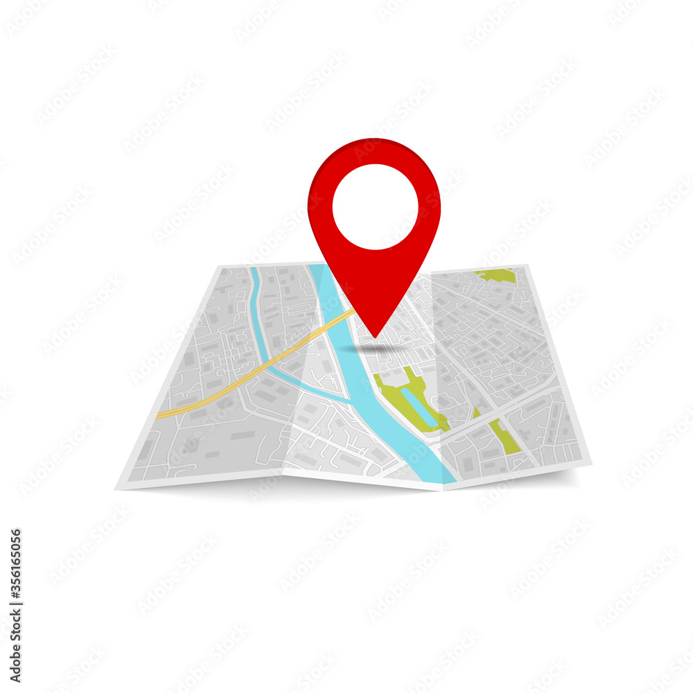 Poster folded paper map with pin. flat city icon with road, street for gps navigation in travel. route dire