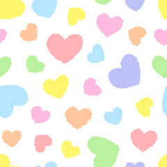 Rainbow seamless hearts pattern, vector illustration. Geometric colorful pattern. Kids pastel rainbow geometric seamless ornament from rough hearts on white background