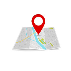 Folded paper map with pin. Flat city icon with road, street for gps navigation in travel. Route direction marker in place journey. Brochure locator with red mark for geography in web. vector.