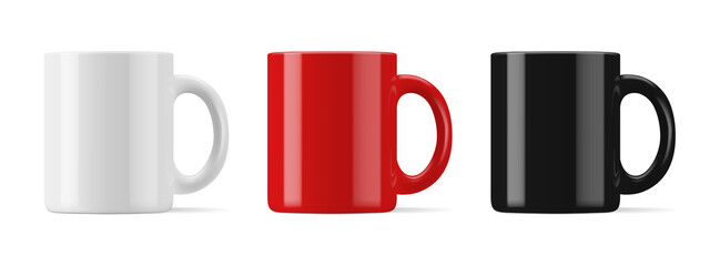 Vector realistic mockup (template, layout) of a mug for drinks front view. White, black, red blank isolated cup. EPS 10