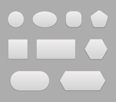White sguare button for web. Blank 3d tags, plastic badge for design menu. Rectangular and round paper sticker. Isolated realistic navigation elements for application. Futuristic shapes. vector.