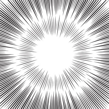 Background of radial lines for comic books. Manga speed frame, superhero action, explosion background. Black and white vector illustration