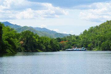 Fototapeta na wymiar River with mountain on background