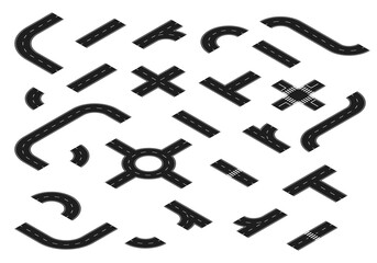 Isometric road for city map. Highway in perspective for car for journey. Asphalt construction road for truck. Junction pathway element for transport in town. Speedway segment. vector