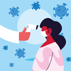 Hand holding thermometer gun checking woman temperature vector design