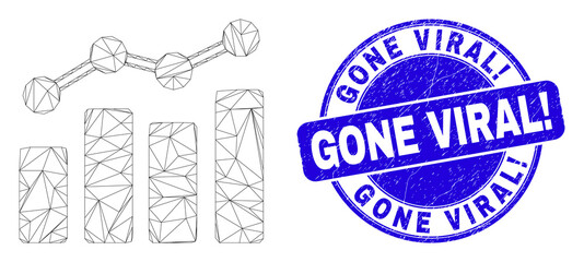 Web mesh trend chart icon and Gone Viral! watermark. Blue vector rounded scratched seal with Gone Viral! phrase. Abstract frame mesh polygonal model created from trend chart icon.