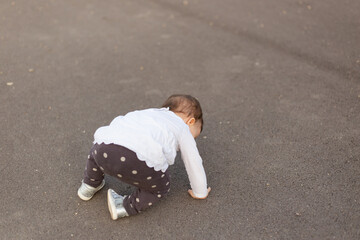 One year old baby girl falling on asphalt and trying to get up. Toddler tumbled down on her knees and hands. Learning to walk. Back view.