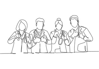 Fototapeta na wymiar One line drawing of groups of young happy male and female doctors giving thumbs up gesture as service excellence symbol. Medical team work concept. Continuous line draw design vector illustration