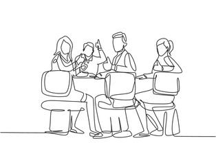 One line drawing of young happy businessmen and businesswoman meeting and giving thumbs up gesture. Business presentation concept. Continuous line draw design vector illustration