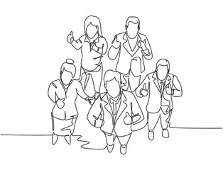One line drawing of group of businessmen and businesswoman giving thumbs up gesture from top view. Business meeting and teamwork concept. Continuous line draw design vector illustration
