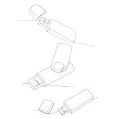 vector, on a white background, continuous line drawing of flash drive, set