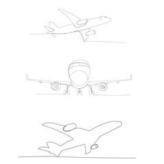 white background, airplane drawing in one continuous line, set