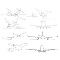 white background, airplane drawing in one continuous line, set