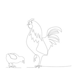 vector, on a white background, drawing in one continuous line of a rooster and a chicken