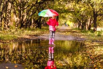 Adorable toddler girl with colorful umbrella outdoors at autumn rainy day