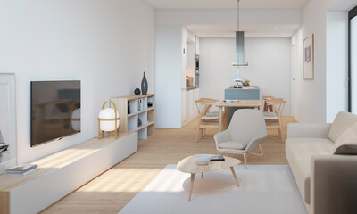 Salón cocina moderno con sillas wishbone y decoraciones nórdicas
