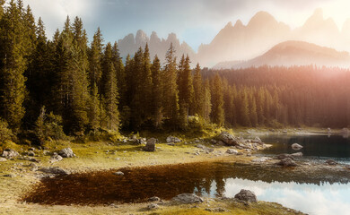 Awesome alpine highlands at sunset. Scenic image of fairy-tale Landscape in sunlit with Majestic...