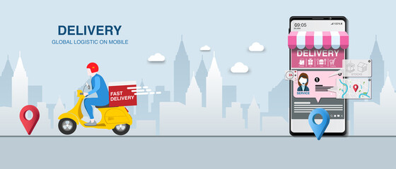 Courier man rides scooter and smartphone vector illustration for Online delivery service on mobile with order tracking