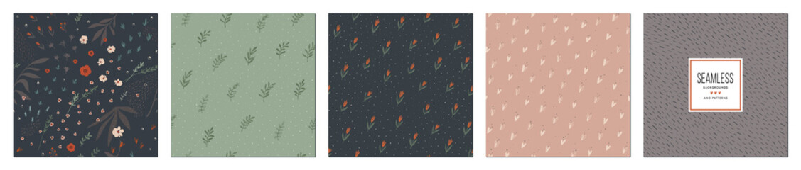 Trendy seamless patterns set. Rustic floral design. For fashion fabrics, kid’s clothes, home decor, quilting, T-shirts, backgrounds, cards and templates, scrapbooking etc.