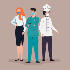 group workers wearing medical mask against covid 19 pandemic vector illustration design