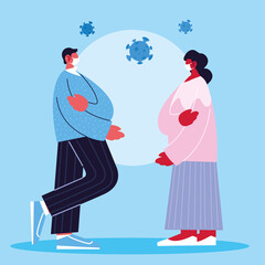Woman and man cartoon with mask and covid 19 vector design