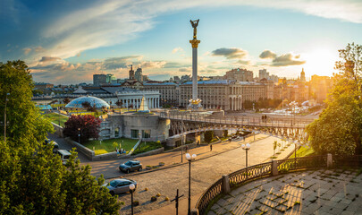 Independence Square in the centre of Kyiv city at sunset. 