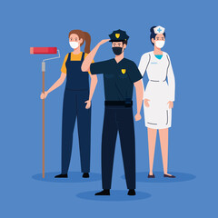 police man with workers group in covid 19, workers wearing medical mask against coronavirus vector illustration design