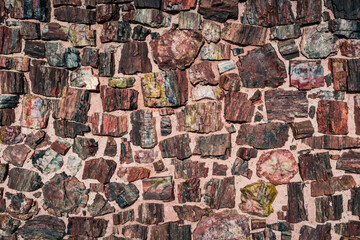 Wall of Agate House build of petrified wood in Petrified Forest National Park, Arizona