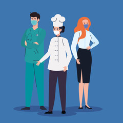 group workers wearing medical mask against covid 19 pandemic vector illustration design
