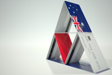 Flag of Australia on plastic bank card house, fictional data. Financial instability related 3D rendering
