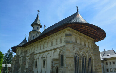 PUTNA MONASTERY, ROMANIA, EUROPE, SPRING 2018. Putna Monastery, Orthodox Church in Bucovina, Moldova. Back of the monastery