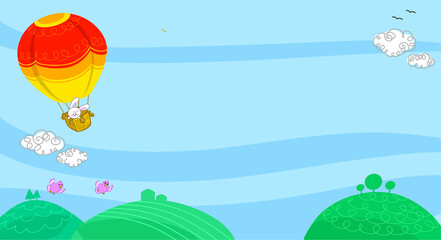 Hot air balloon in the sky landscape vector illustration for children