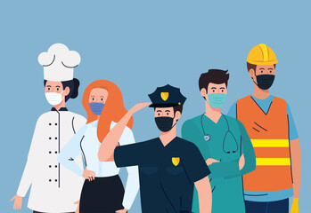 group workers wearing medical mask against covid 19 pandemic vector illustration design