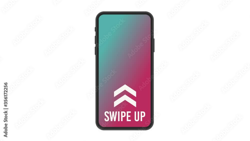 Poster animation smartphone screen displaying words swipe up, touch here and like.
