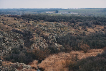 A granite canyon in the bed of the Mertvovod River in the village of Aktovo, Ukraine.