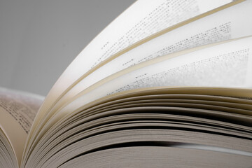 Pages of an open book with narrow depth of field on grey background. Some text on the pages is visible but blurred