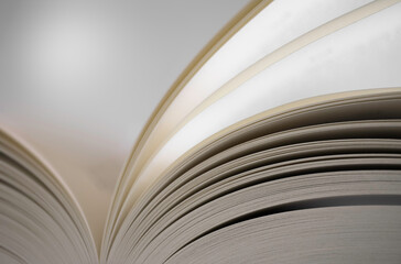 Pages of an open book with narrow depth of field on light background