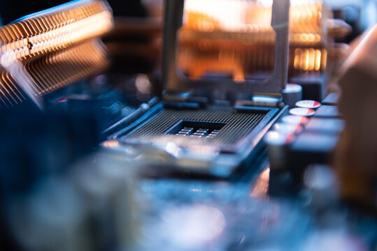 Computer engineer maintenance computer CPU hardware upgrade of motherboard component, PC repair by technician and industry support installation CPU on socket