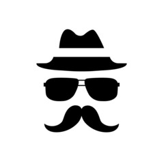 Stylized silhouette of man width glasses and mustache, isolated on white.background. 
