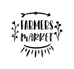 Farmers market hand drawn doodles badges, logo, icon, label. Vector brush lettering typography - farmers market on a white background. Farm market natural organic product brand sign symbol.