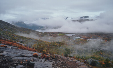 Road in fog to trolltunga, Norway. Mountains.