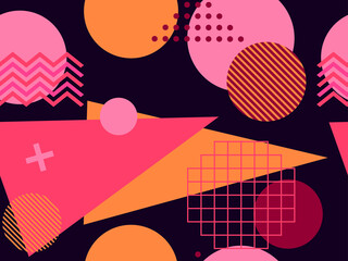 Memphis seamless pattern with geometric shapes in the style of the 80s. Eighties print colorful background for promotional products, wrapping paper and printing. Vector illustration
